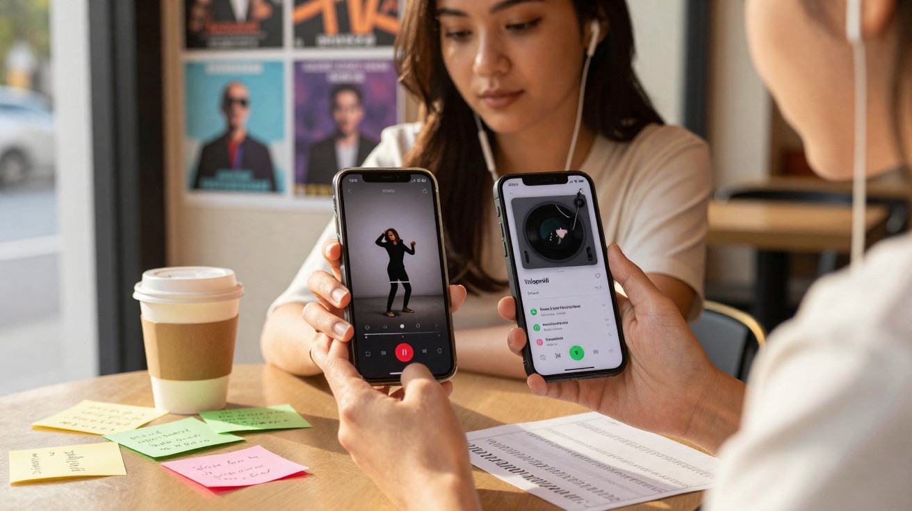 Two people at a table comparing music apps on smartphones with coffee and sticky notes nearby.