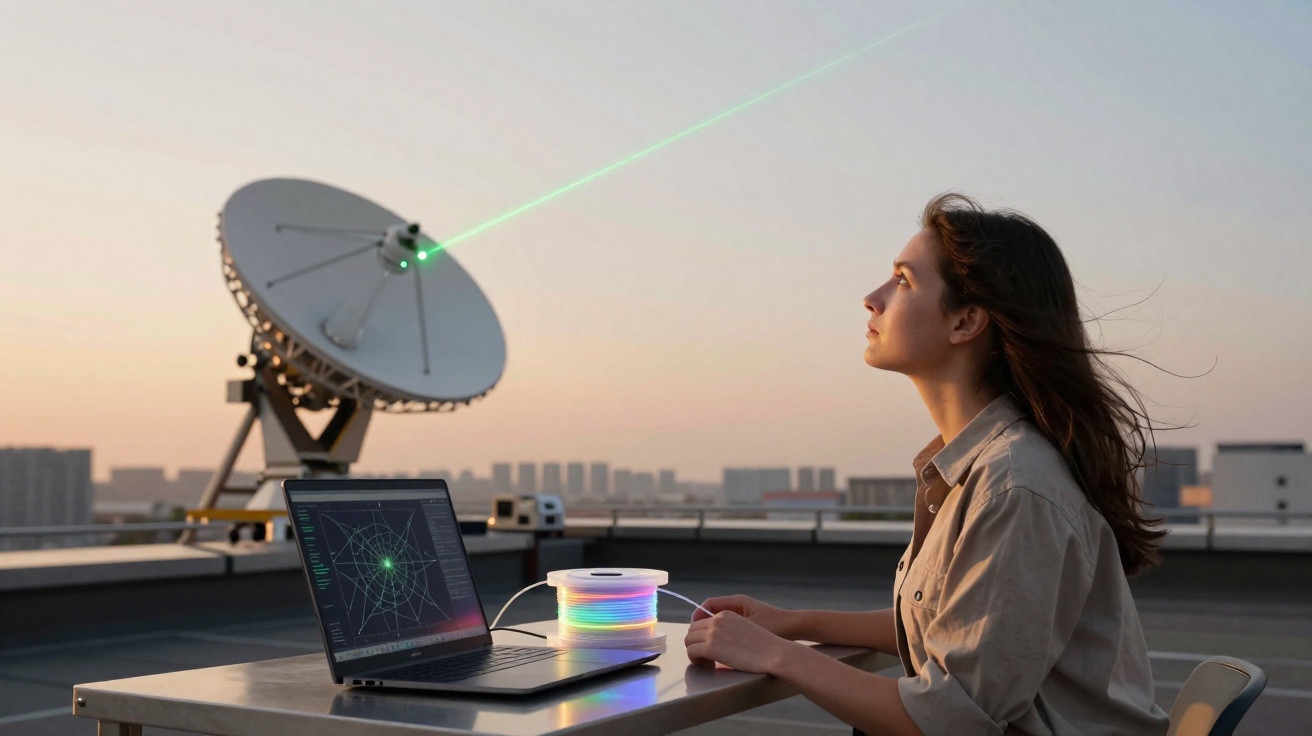 Woman operating laser device on rooftop with satellite dish and laptop at sunset.