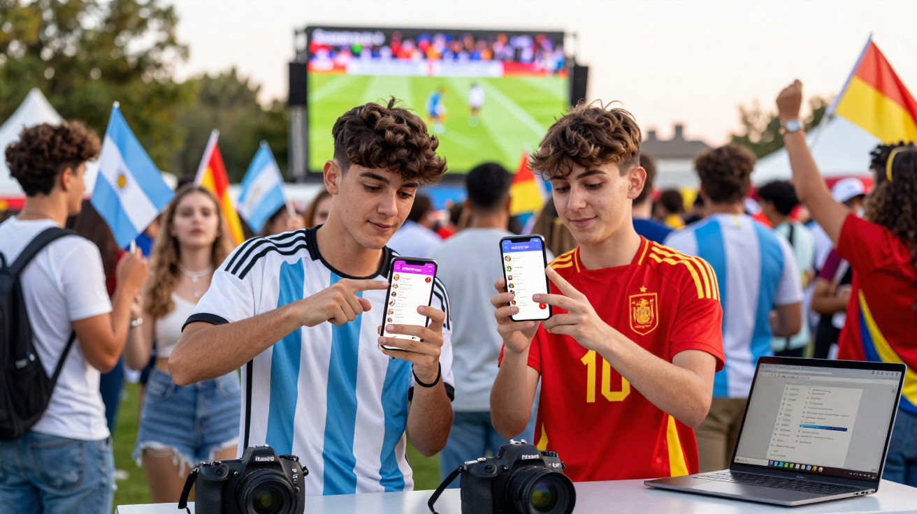 Two young men in Argentina and Spain football shirts showing smartphones at an outdoor event with a large screen in the backg