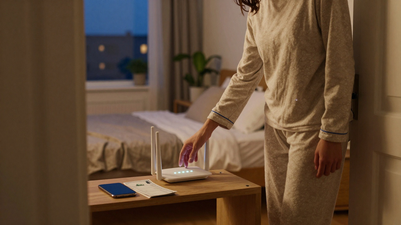 Person in pajamas turning on a Wi-Fi router in a softly lit bedroom at night.