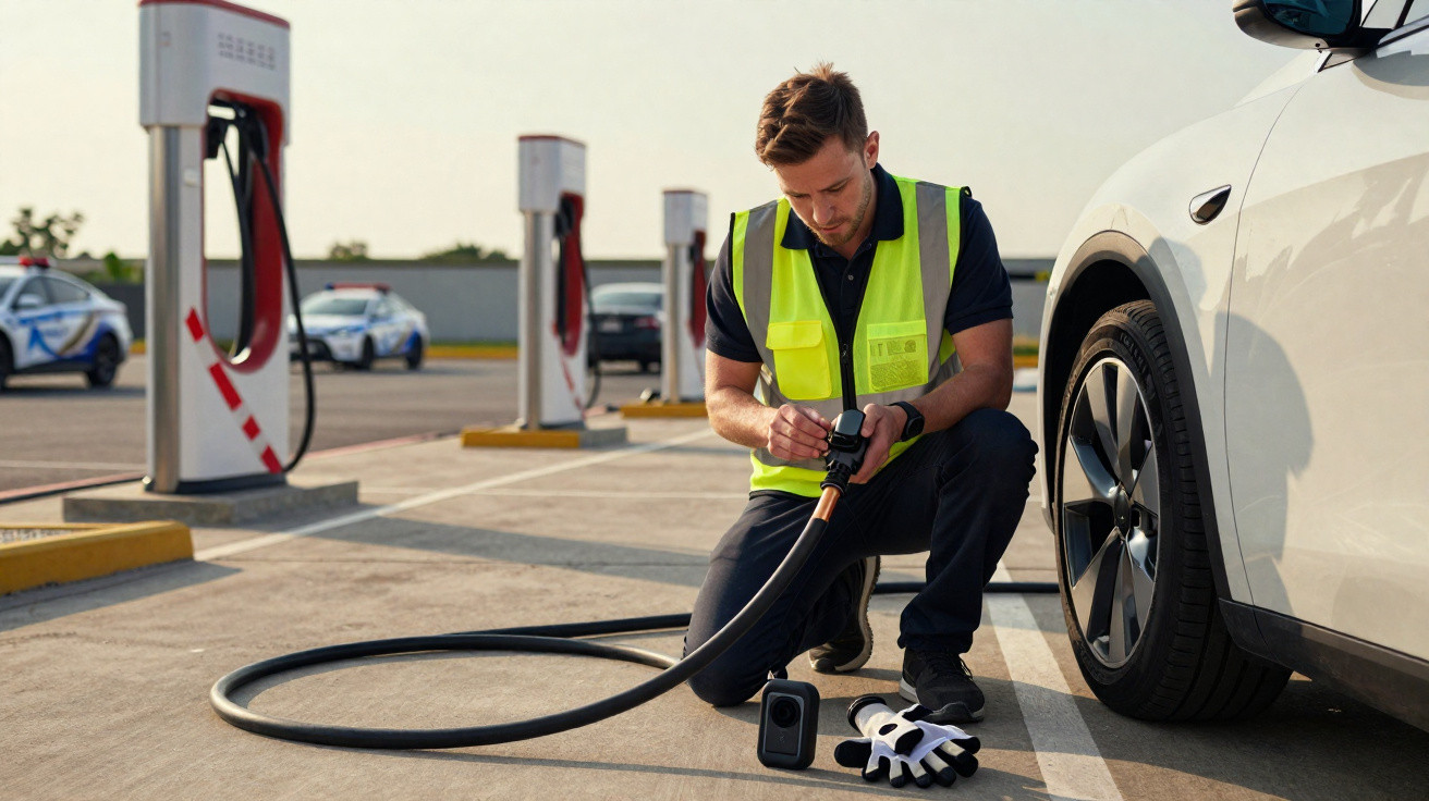 Man in high-visibility vest kneeling by a white electric car at a charging station outdoors on a sunny day.