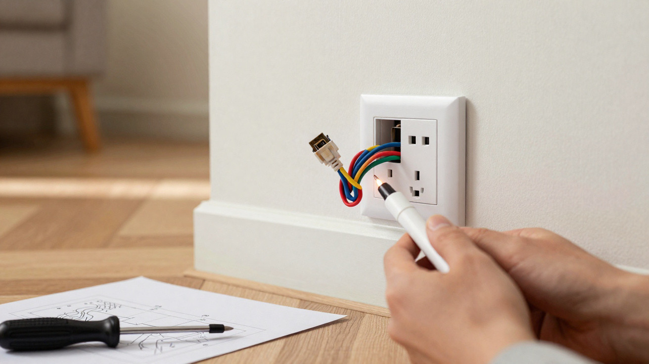 Hands holding a screwdriver near an electrical socket with colourful wires protruding from it.