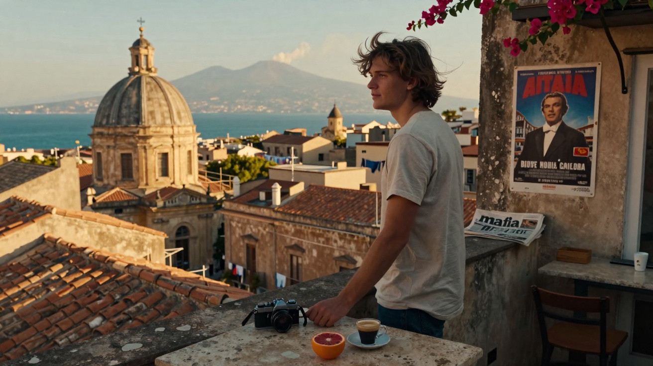 Young man standing on a terrace overlooking historic rooftops, a church dome, and a distant volcano at sunset.