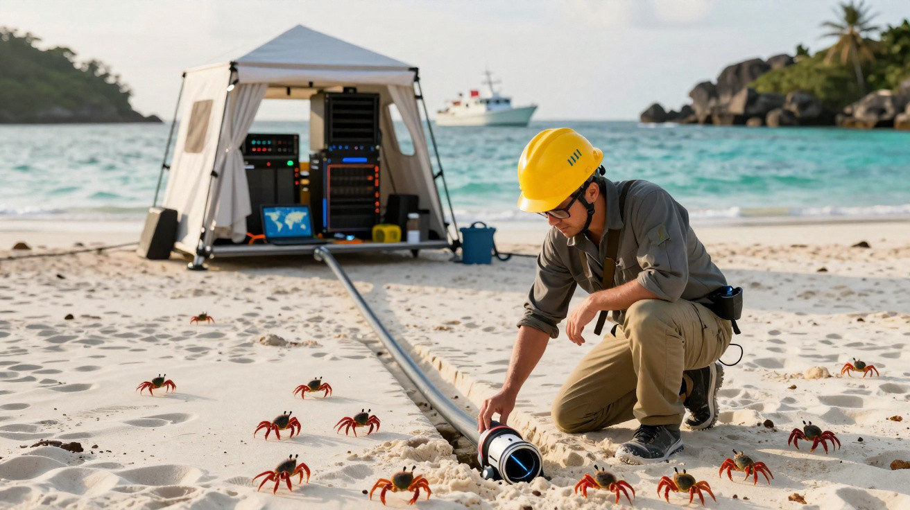 Engineer wearing a yellow helmet inspecting equipment on a sandy beach surrounded by red crabs and a tent with tech gear.