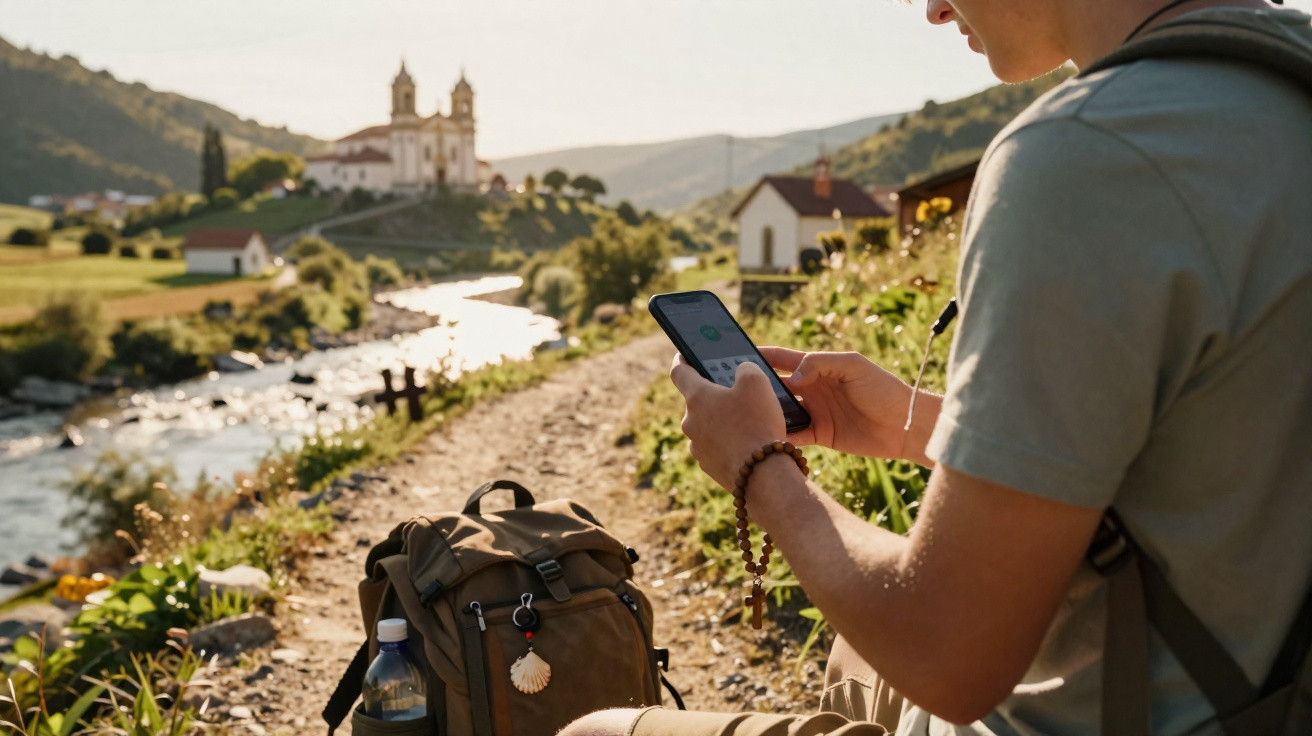 Person using smartphone while sitting on a rural path with a backpack beside a river and distant church.
