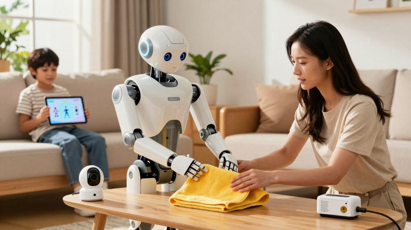 Woman folding a yellow cloth with a humanoid robot on a wooden table while a boy watches with a tablet in the background.