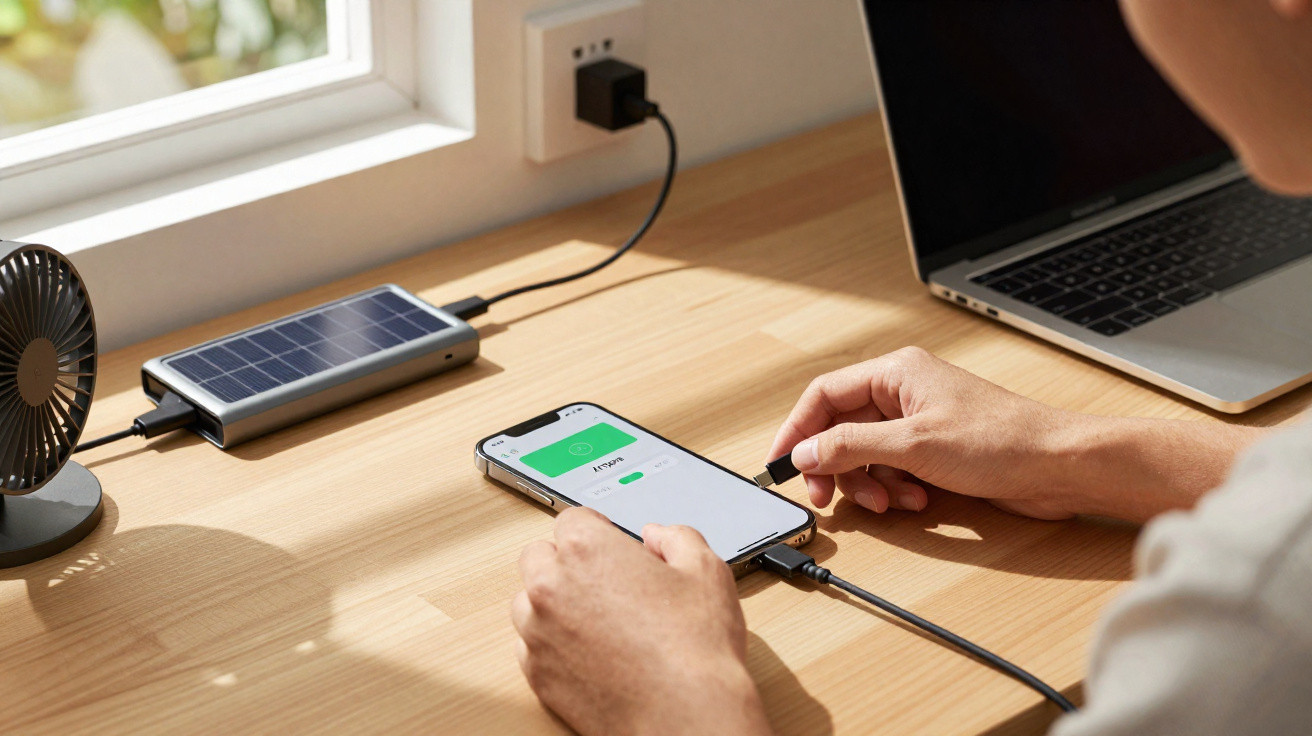 Person charging smartphone with solar power bank on a wooden desk next to a laptop and fan near a window.