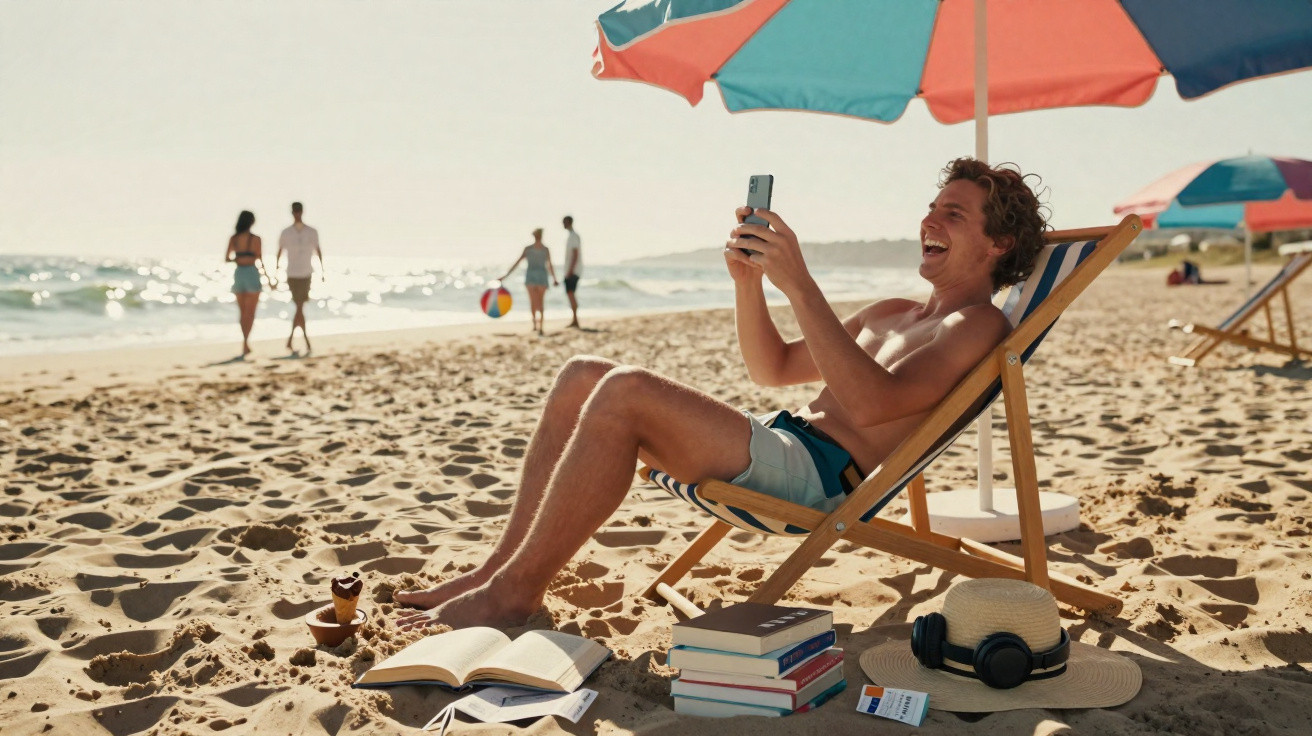 Young man laughing on phone while sitting under a beach umbrella with books and hat on sand nearby.