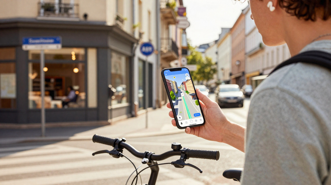 Person holding phone with navigation app while standing next to bicycle on city street crosswalk