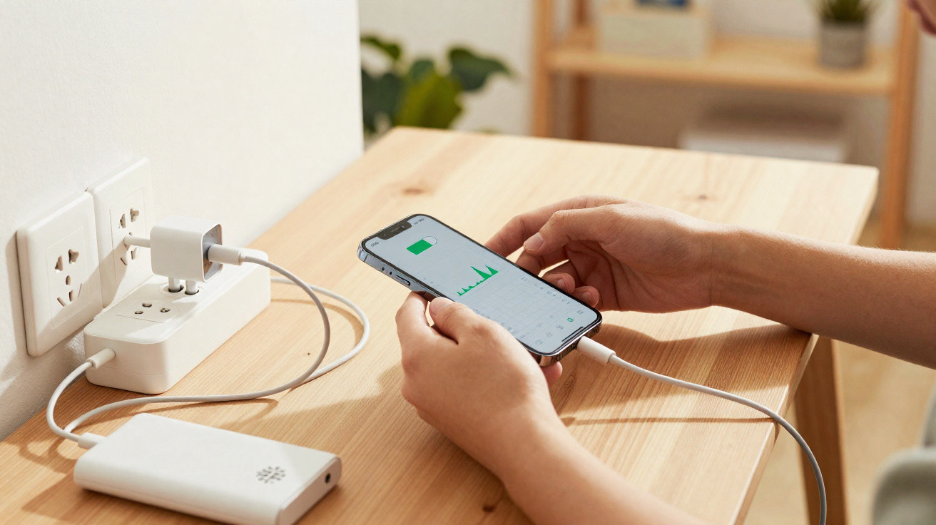 Person holding smartphone connected to power bank on wooden table near electrical outlets.