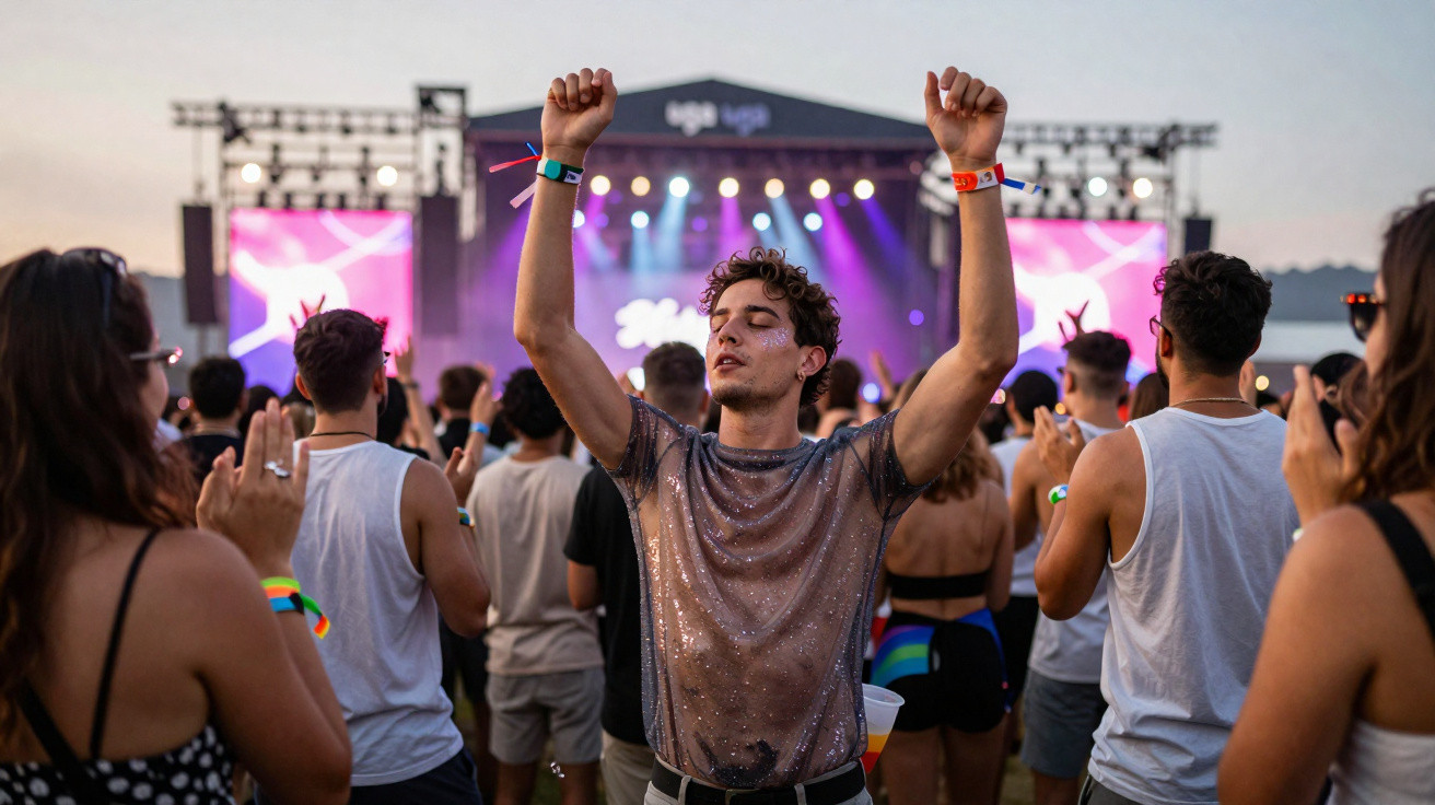 Young man enjoying music with eyes closed and arms raised at an outdoor concert during sunset.