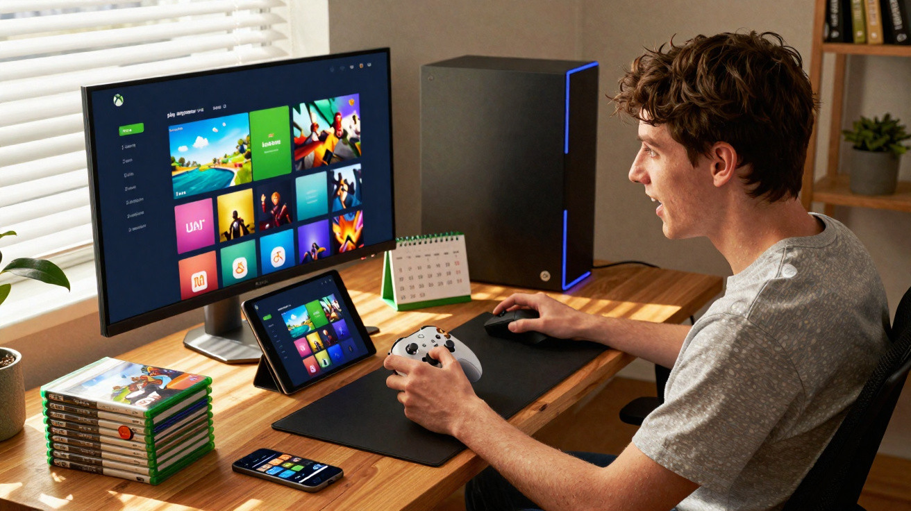 Young man playing video games on a PC with multiple screens and an Xbox controller at a wooden desk.