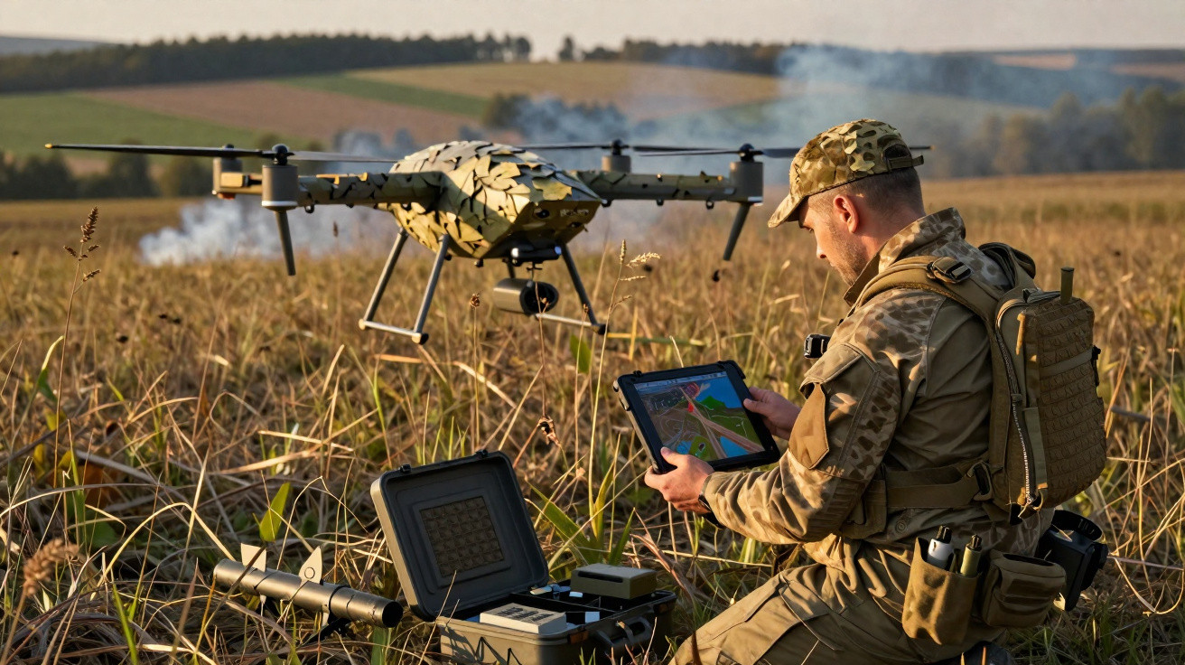 Soldier in camouflage operating a drone with a tablet in a grassy field during daylight.