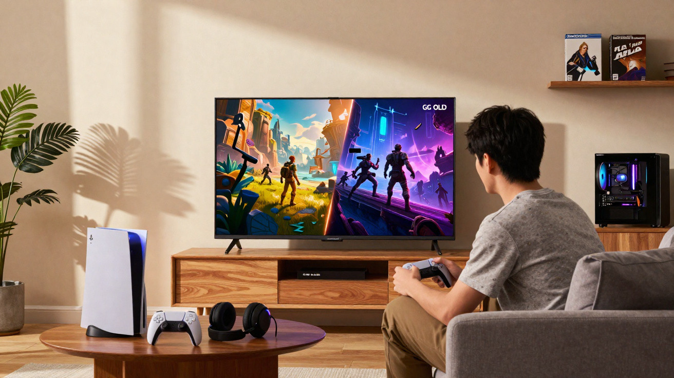 Person playing video games on TV with a console, controller, and headphones in a modern living room.