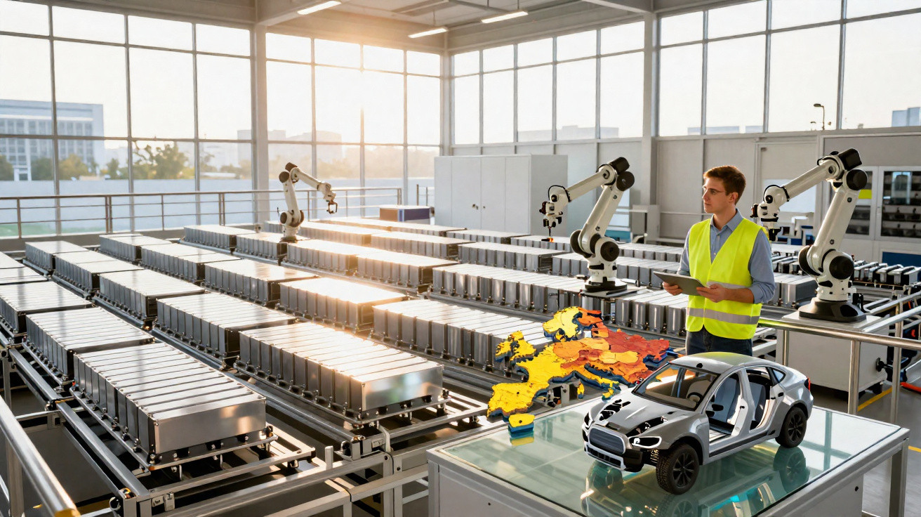 Engineer in high-visibility vest inspects robotic assembly line with Europe map and car model in modern factory.