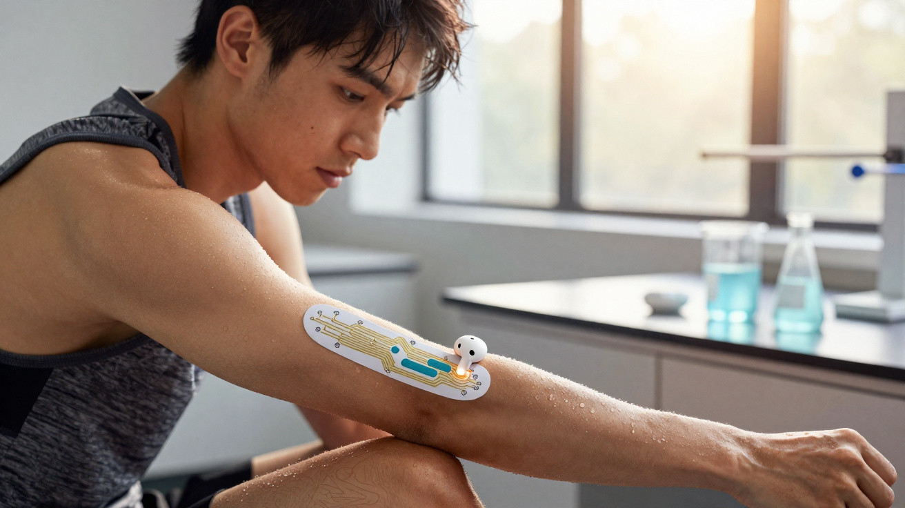 Man with sweat on skin wearing a smart electronic patch on his upper arm in a modern room with natural light