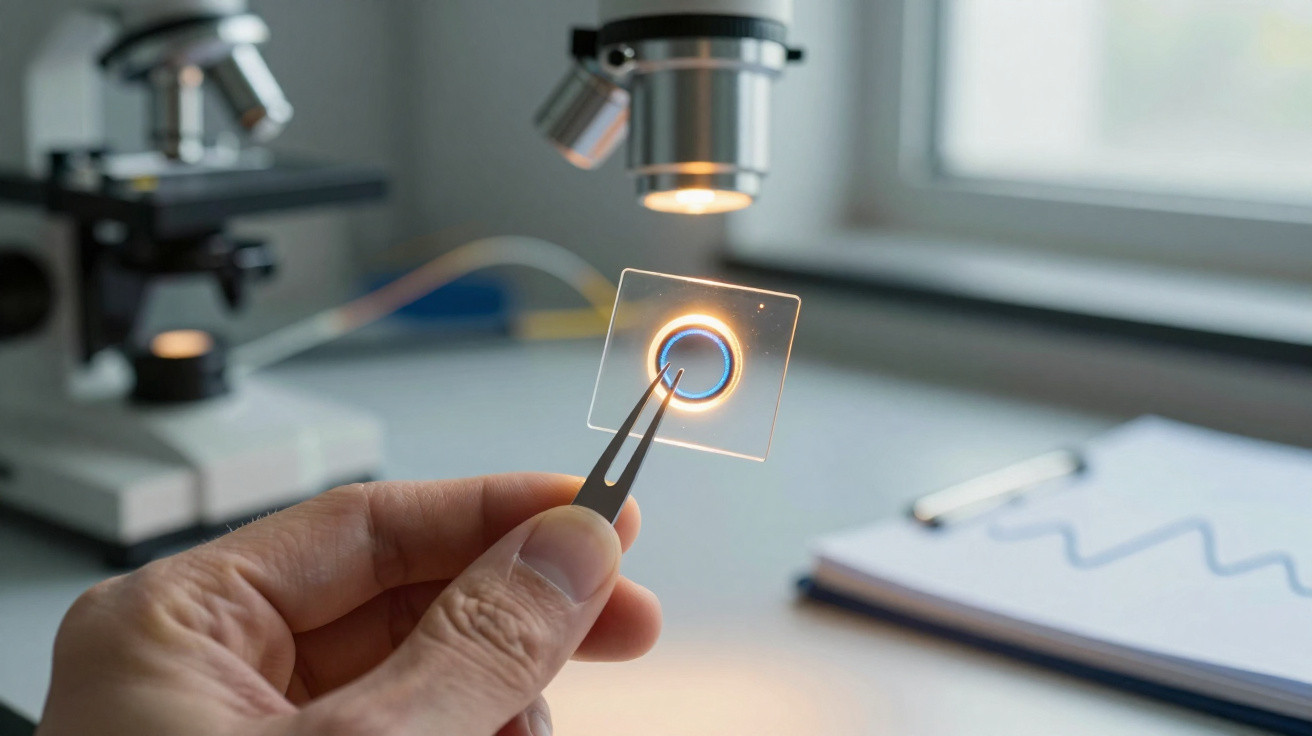 Hand holding tweezers with a small glass slide under a microscope light in a laboratory setting.