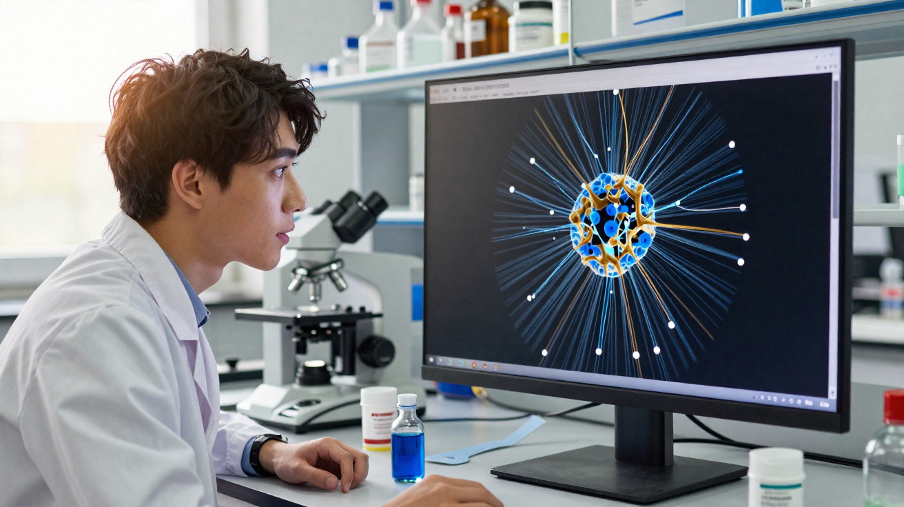 Scientist in a lab coat studying a molecular structure on a computer screen in a laboratory setting.