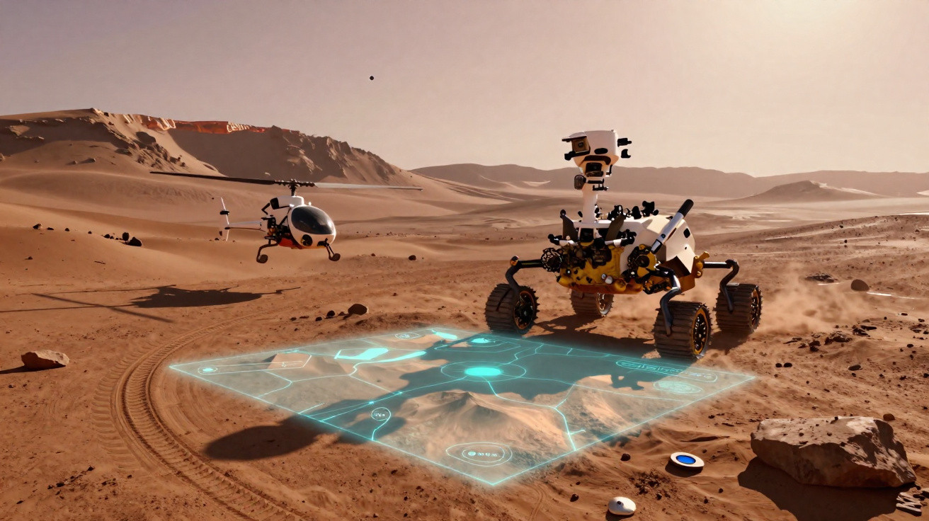 Mars rover and drone examining a holographic map projected on the Martian desert surface.