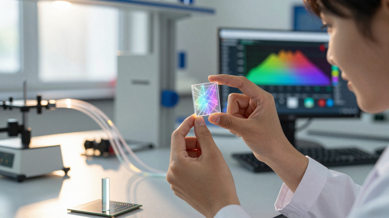 Scientist holding a small transparent prism with colourful light patterns in a laboratory setting.