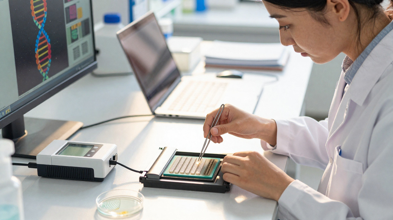 Scientist in lab coat using tweezers to work on a microchip with DNA images on a computer screen nearby.