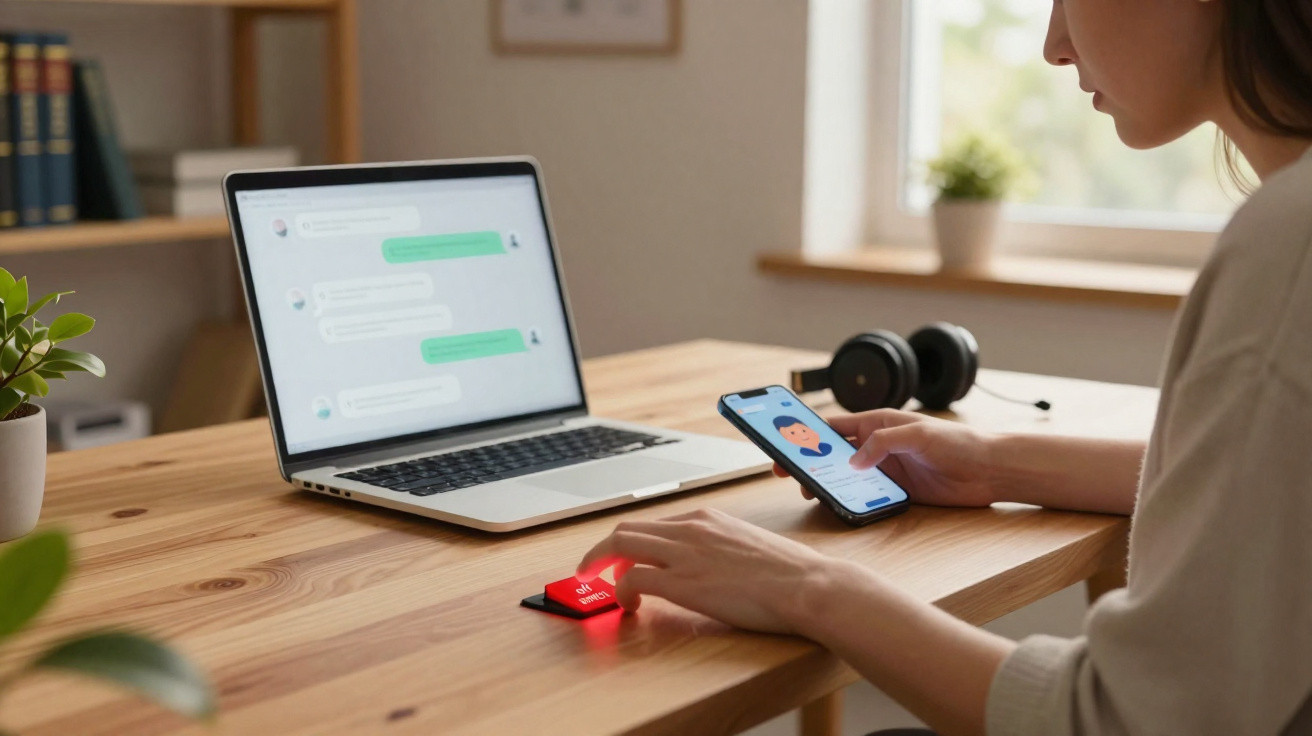 Person pressing red panic button on desk while using smartphone and laptop with messaging app open