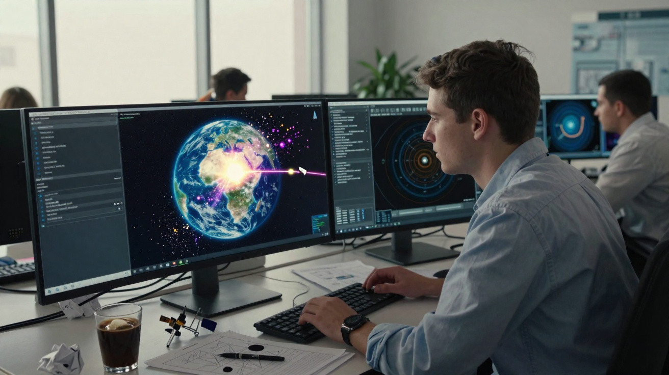 Man at computer screens analysing satellite data with Earth and space graphics in office environment