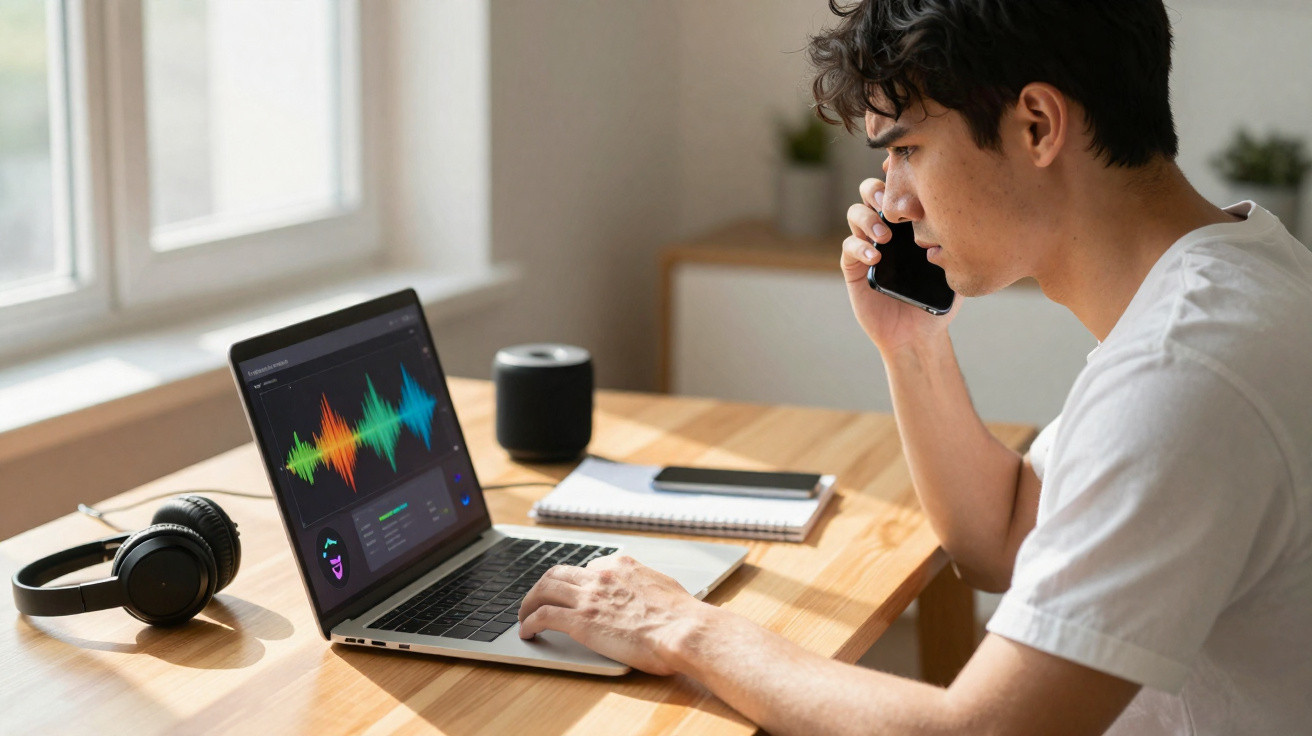 Man analysing audio waves on laptop while talking on mobile phone at wooden desk by window