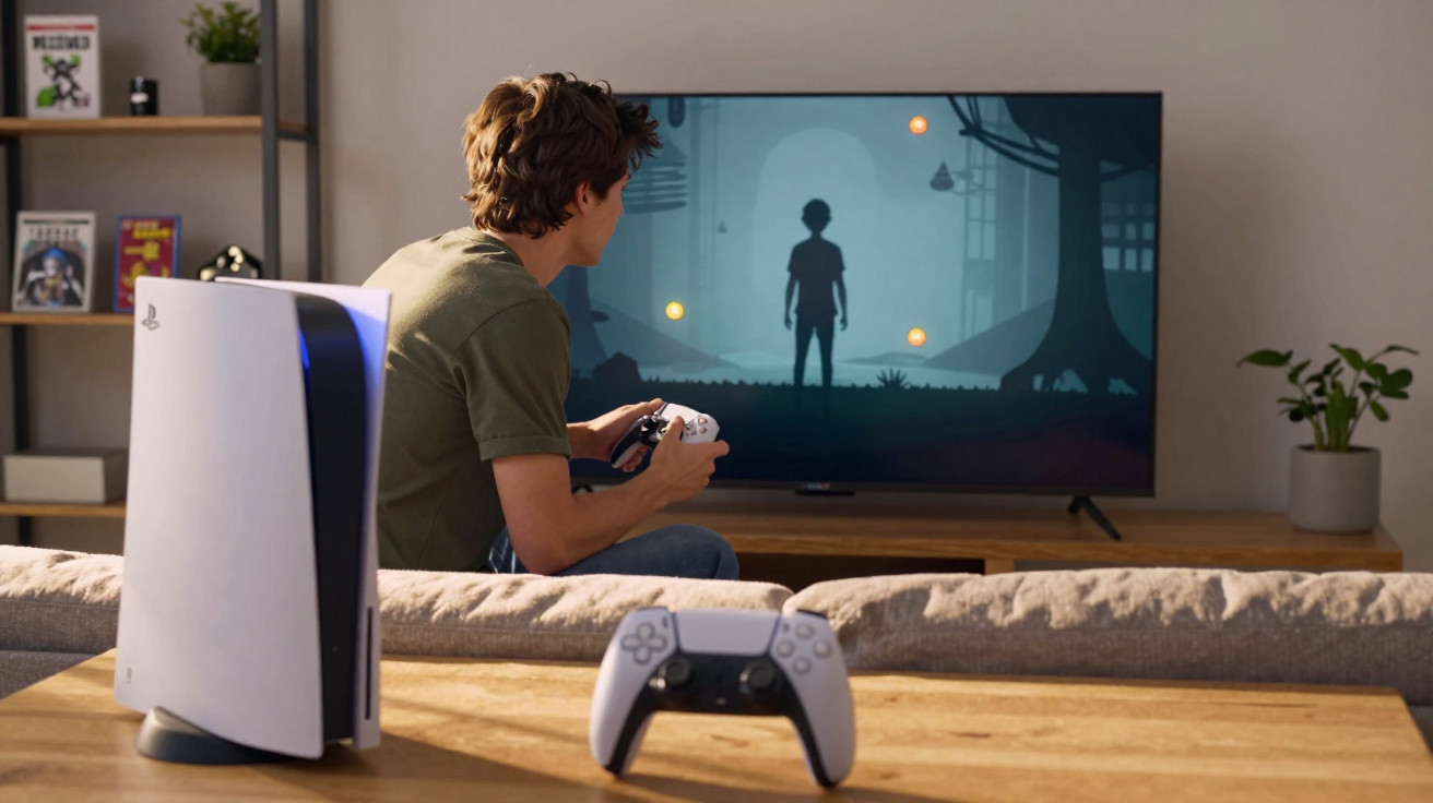 Young man playing a silhouette adventure game on TV using a PlayStation 5 console and controller.