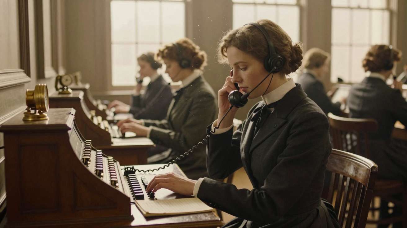 Women wearing vintage clothing operate switchboards and communicate via headset in an early 20th-century office setting.