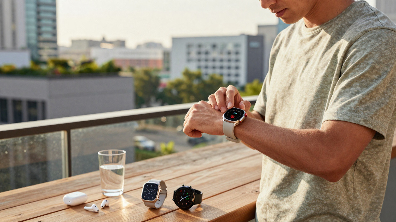 Man checking smartwatch on balcony table with two other smartwatches, wireless earbuds, and a glass of water.