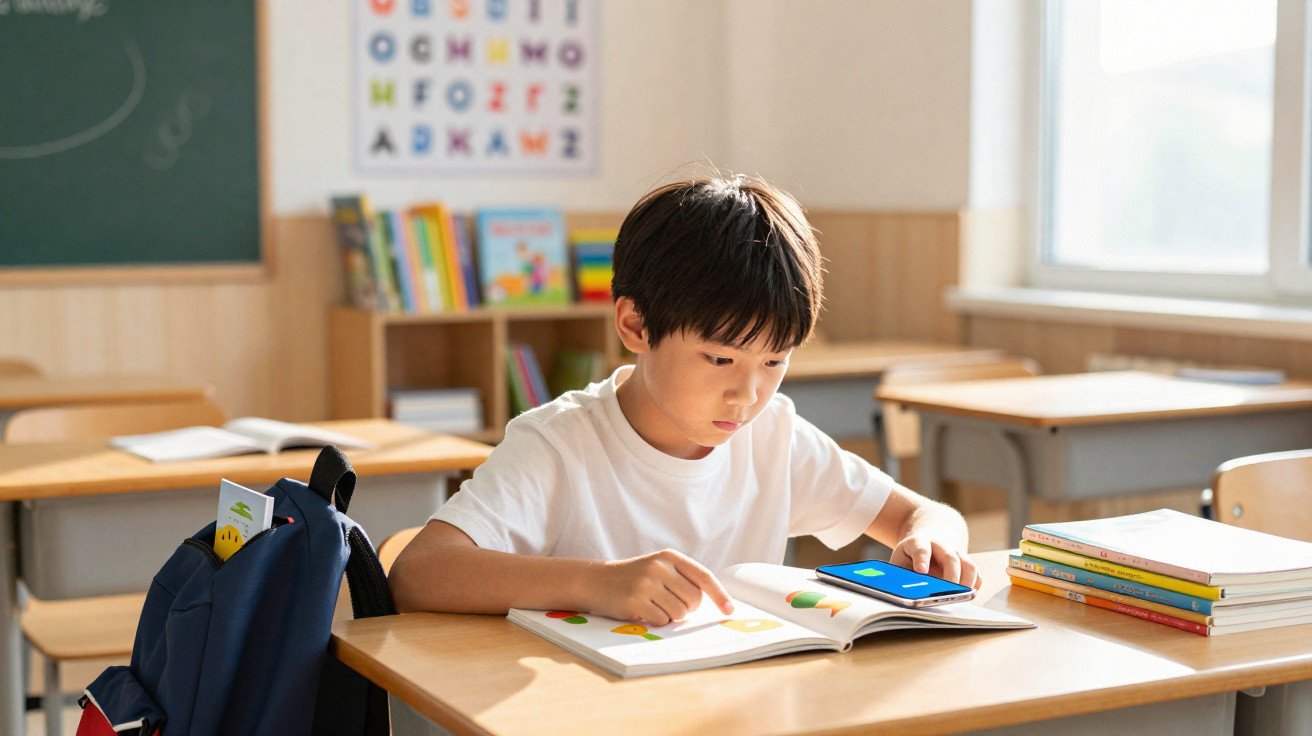 Young boy in white t-shirt reading a book at a classroom desk with school supplies nearby.