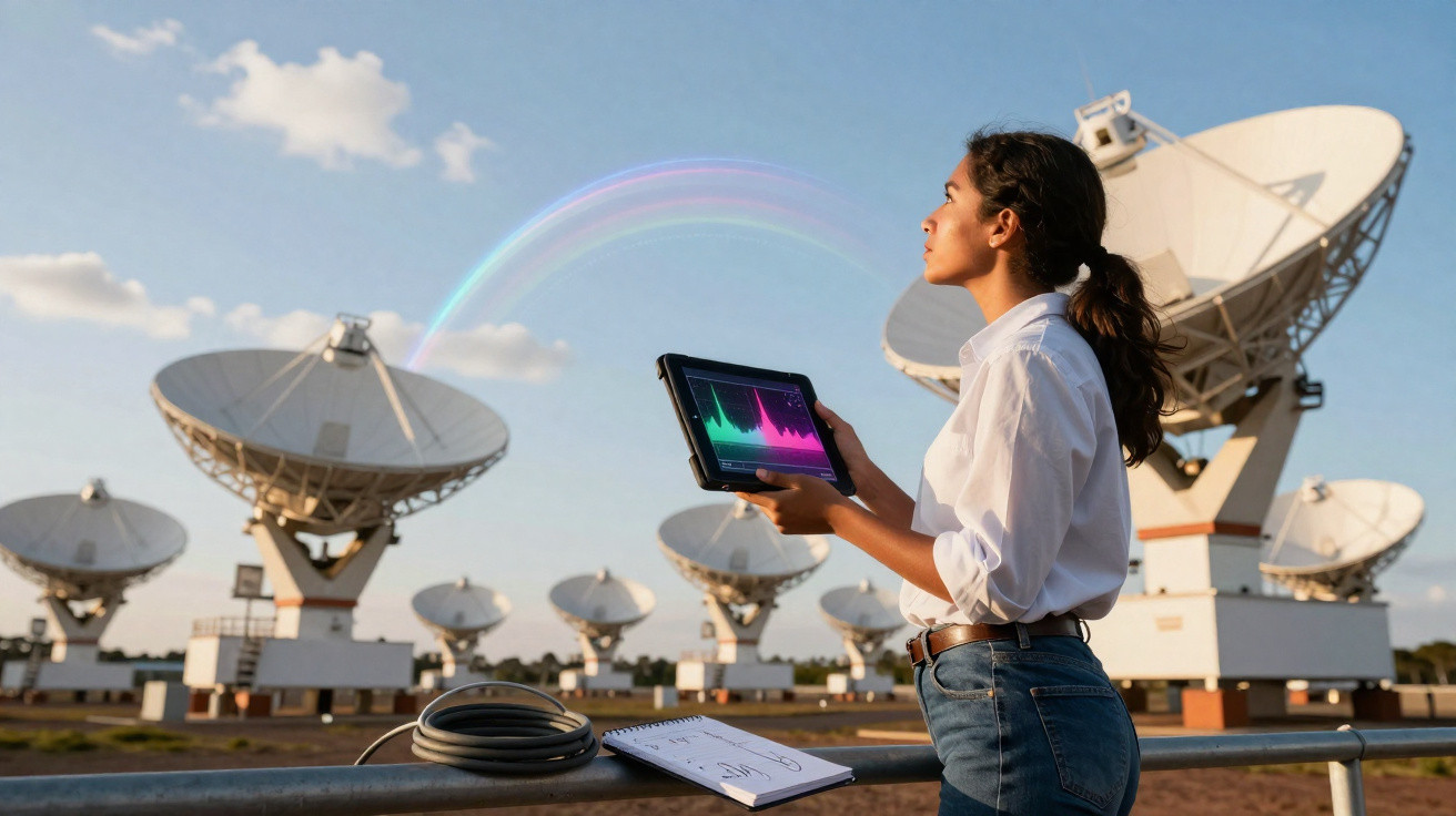 Woman holding a tablet showing data, standing near radio telescopes under a sky with a faint rainbow.