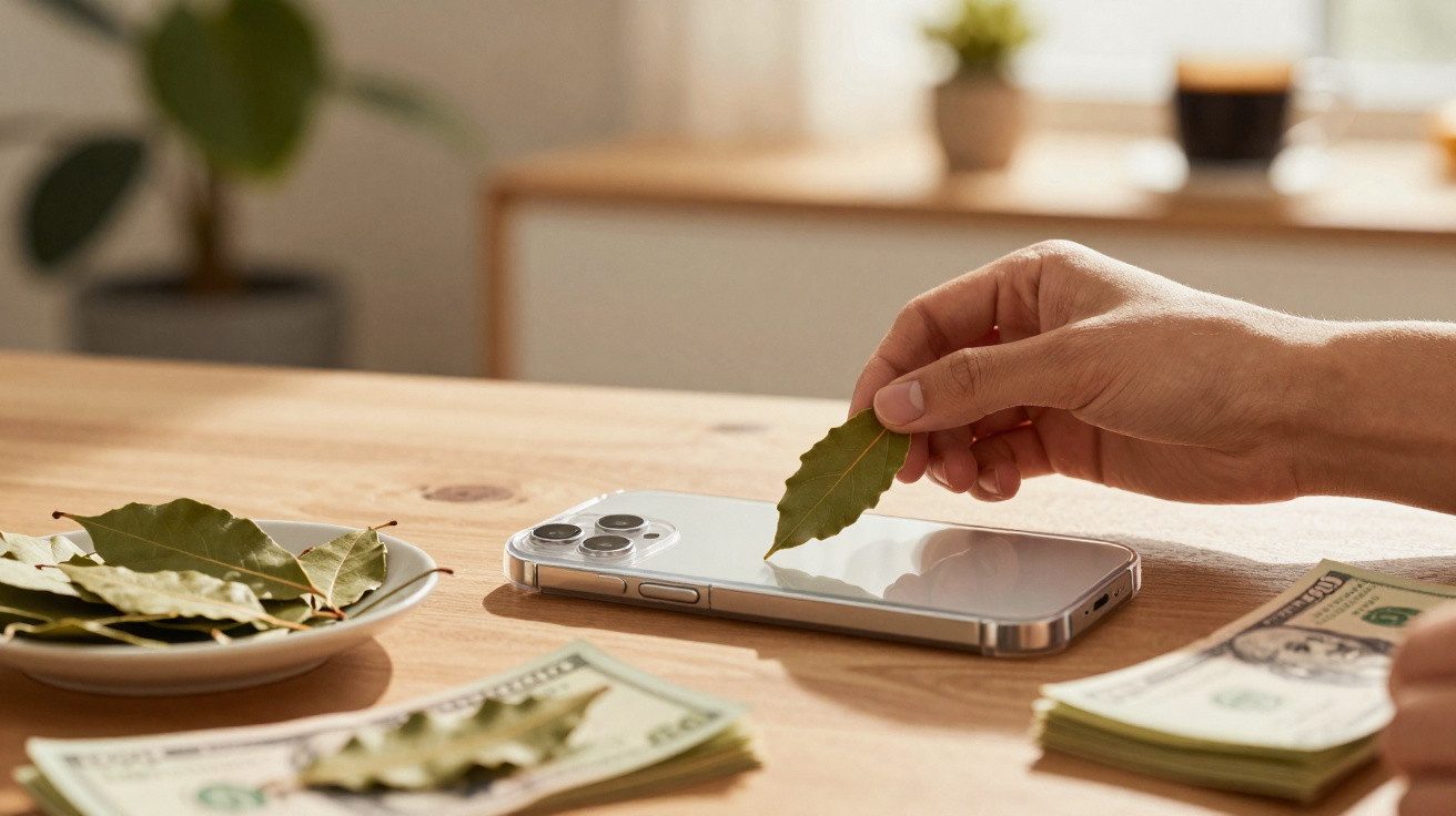 Hand placing a bay leaf on a smartphone on a wooden table with stacks of US dollar bills and a plate of leaves.
