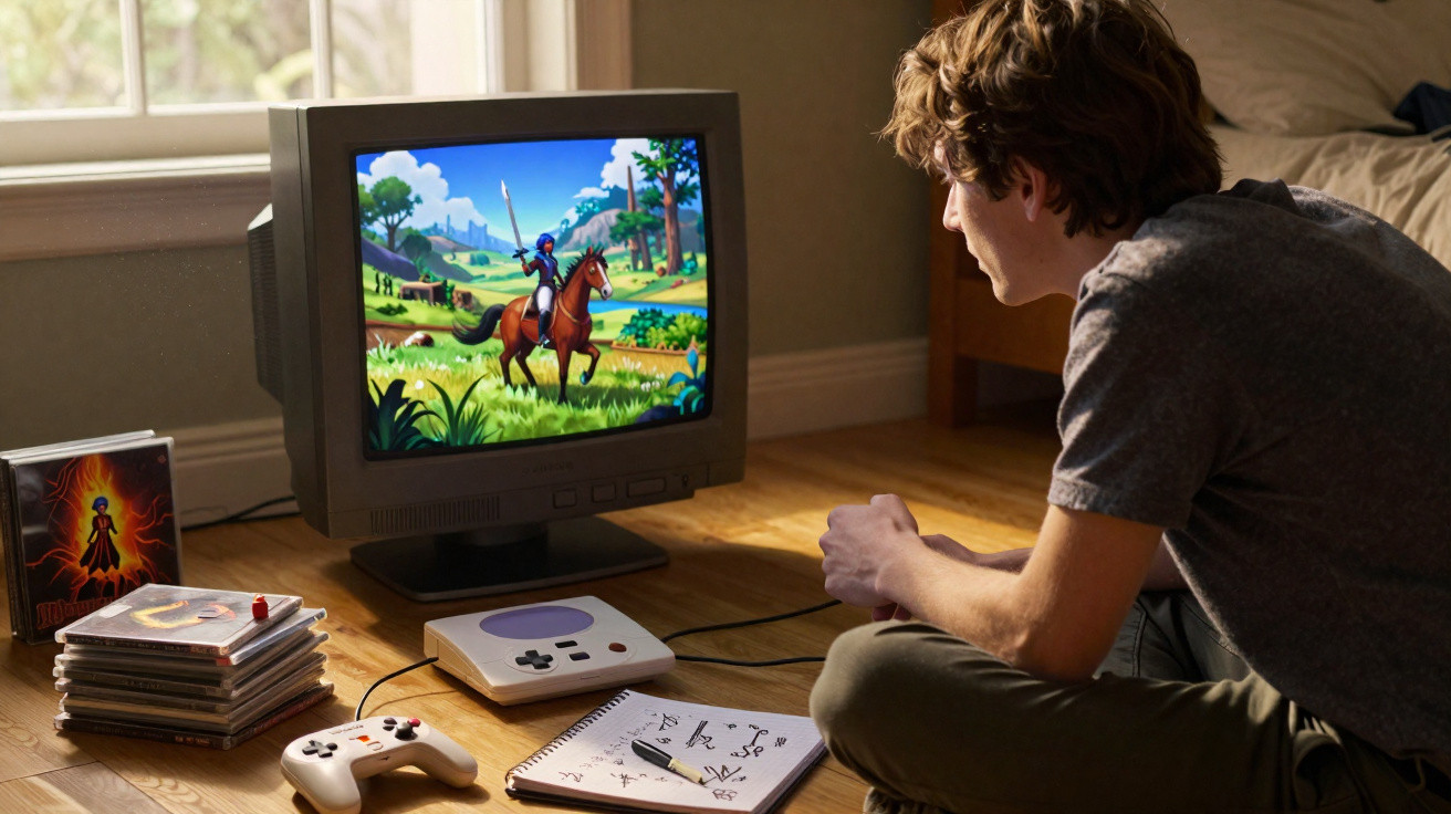 Teenager playing retro-style video game on CRT TV with classic console and controller on wooden floor.