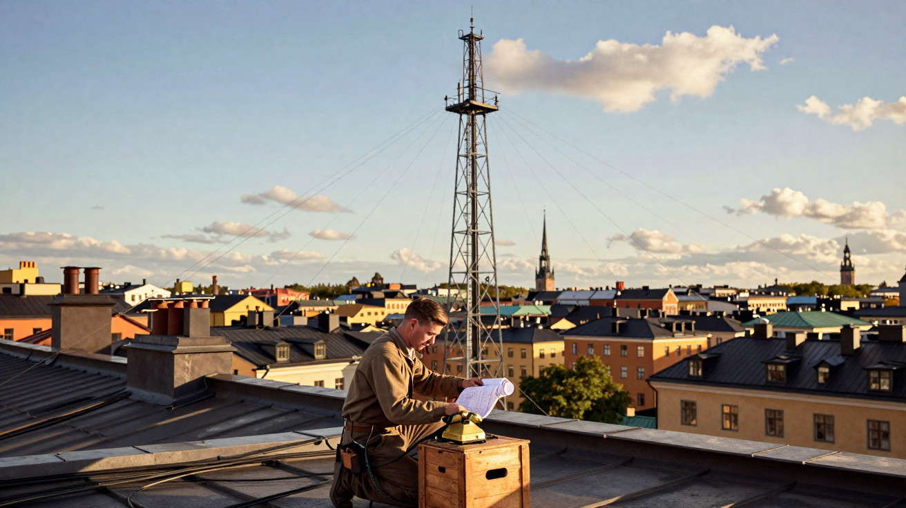 Man in vintage clothing working on rooftop with radio transmitter, cityscape and blue sky in background
