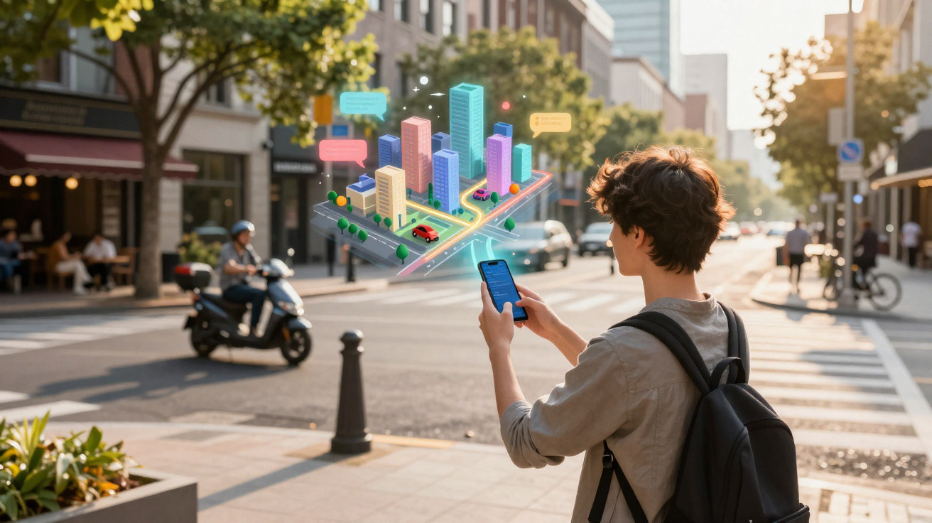 Young person using smartphone with 3D cityscape and digital messages floating above in urban street setting.