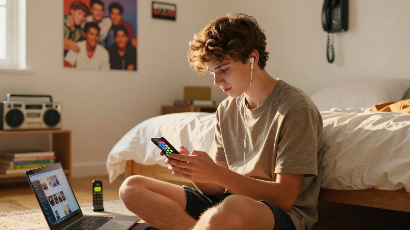 Teenage boy sitting on the floor in his bedroom, using a smartphone with earphones, laptop open nearby.