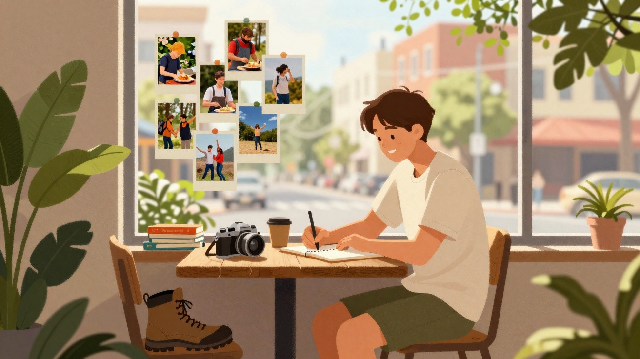 Young person writing at a wooden table by a window with photos, camera, books, coffee, and plants nearby.
