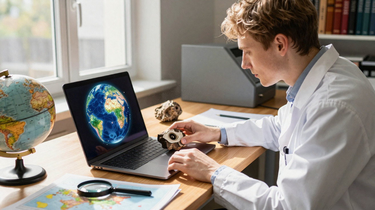 Scientist in white coat examining rock sample while comparing Earth image on laptop at wooden desk.