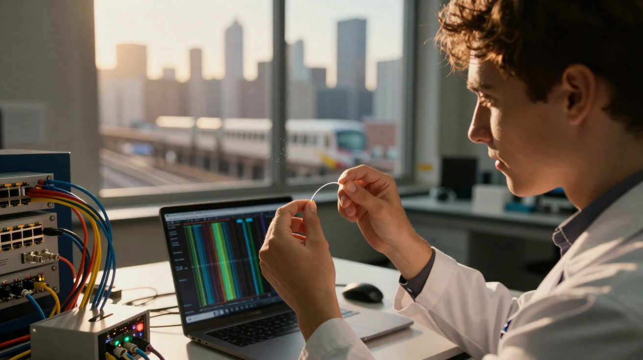 Young engineer in lab coat examining a fibre optic cable in a tech lab with a laptop and city view behind.