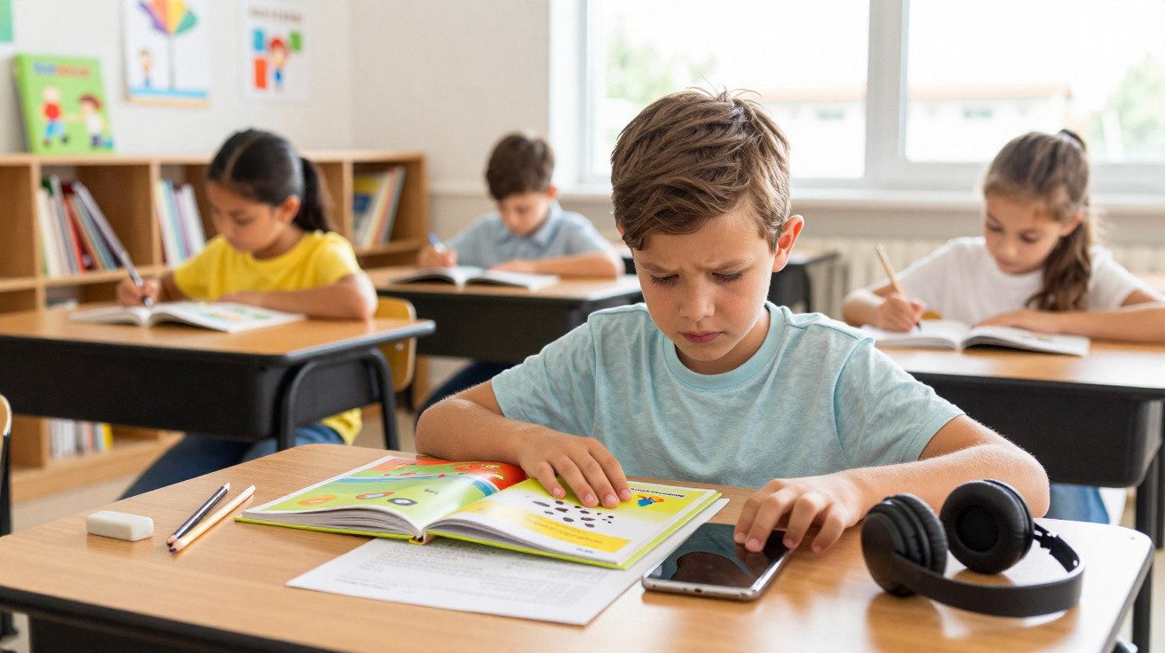Four schoolchildren sitting at desks reading and writing in a classroom with books and headphones nearby.
