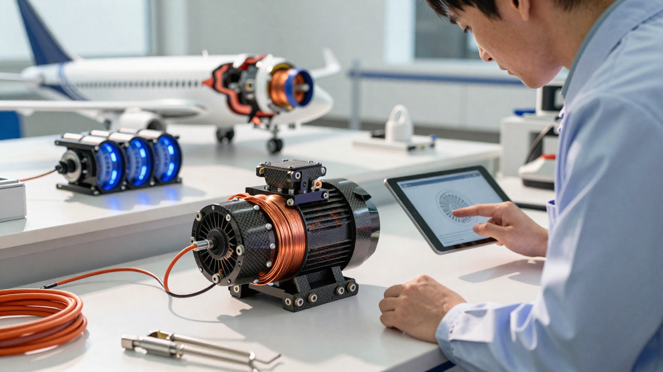 Engineer analysing electric motor data on tablet next to motors and plane model in a bright workshop.