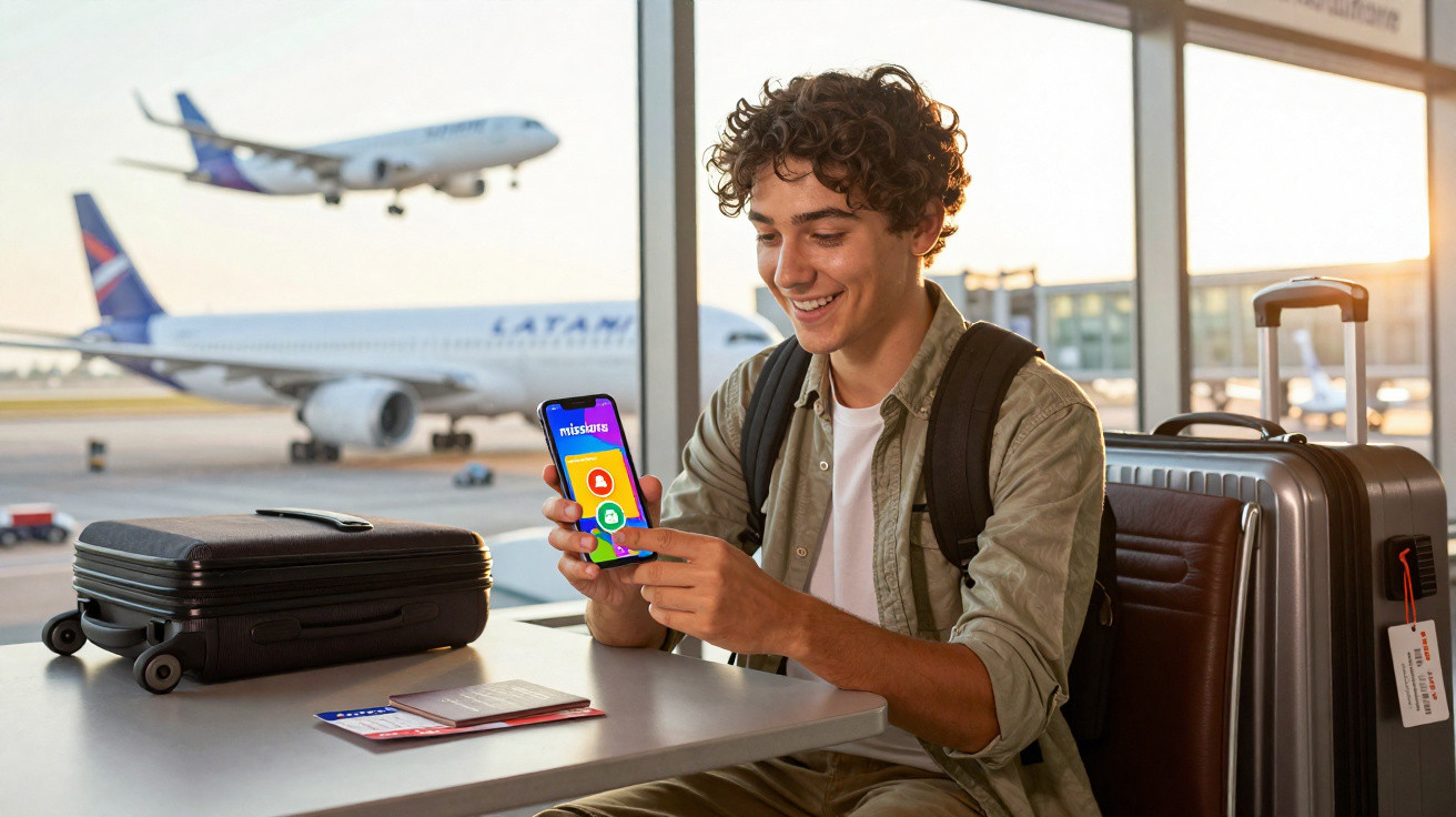 Young man sitting at airport with luggage, smiling at a phone showing a travel app.