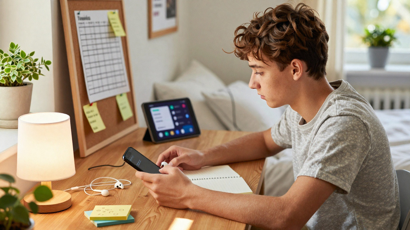 Teenage boy sitting at a desk using a smartphone with a notebook, lamp, and calendar in a bedroom.