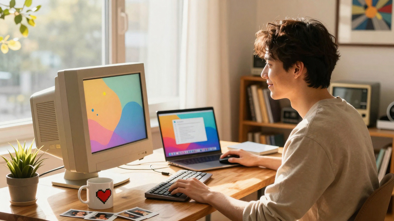 Young man working at a desk with a vintage monitor and a laptop in a bright, cosy room.