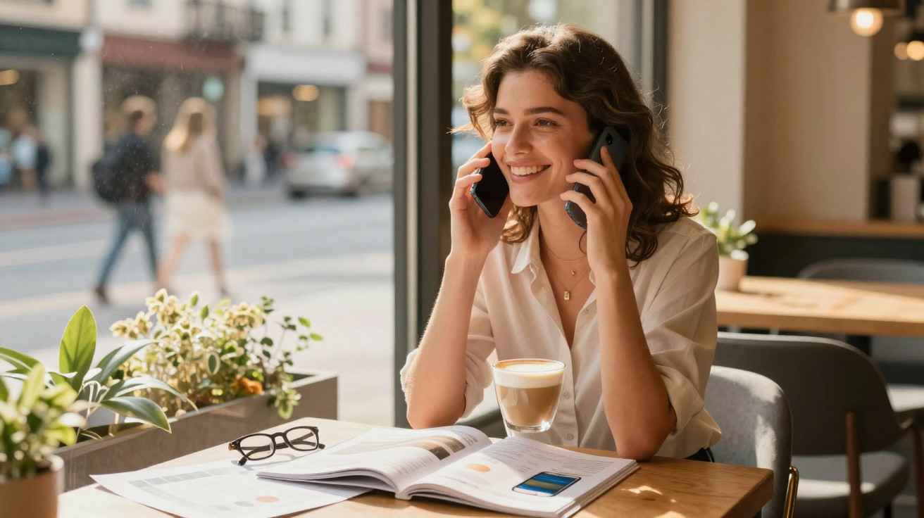 Young woman smiling and talking on two phones while sitting at a café table with open book and coffee.