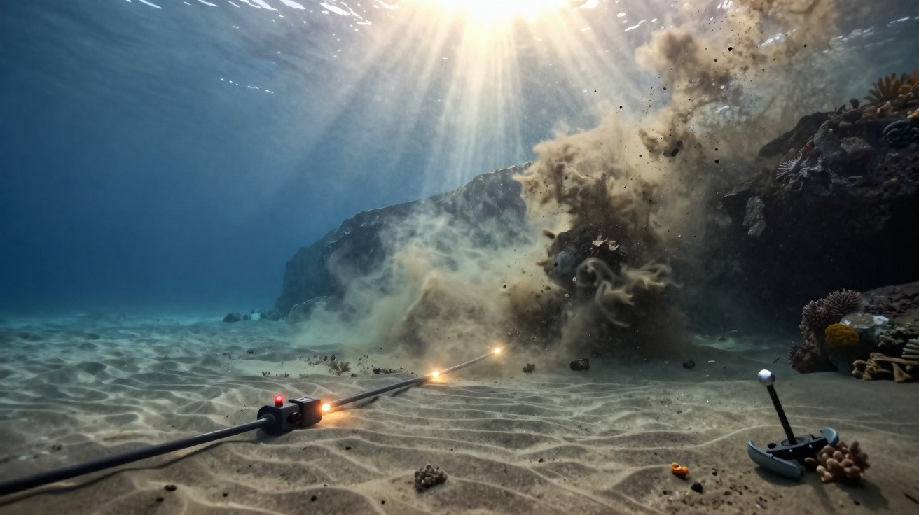 Underwater explosion disturbing sand near rocky seabed with sunlight filtering through water surface.