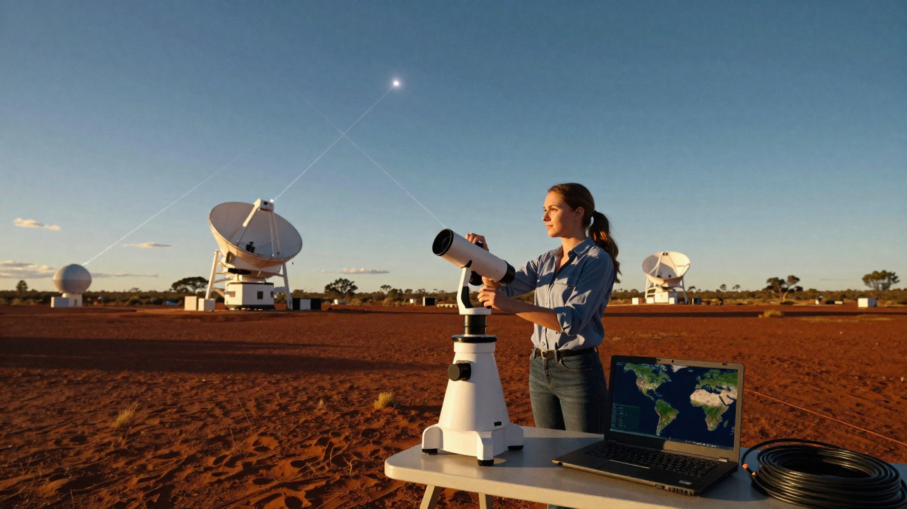 Woman adjusting telescope on table with laptop in red desert near large satellite dishes at sunset