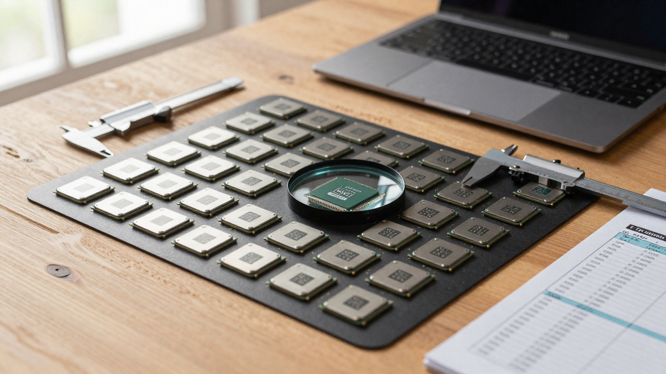 Multiple computer chips on a black tray with a magnifying glass and calipers on a wooden desk next to a laptop.